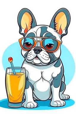 french bulldog in sunglasses drink cocktail cartoon