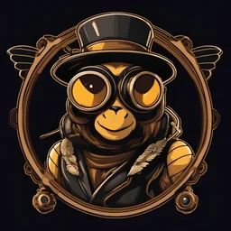 logo profile bee wearing steampunk googles and hat, flat cartoon style dark background