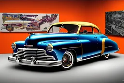 ( stylized, sketched volumetric museum show room environment and background ), close-up of custom 1948 chevrolet fleetline, lowered, chopped roof, multi-layer paint, high-end custom car, classic hotrod wheels, small minutiae, tiny features, particulars, hires, 8k, uhd, realistic shaded hdr lighting, global illumination, ambient occlusion, backlight, centered camera, sunlight caustics, volumetric clouds, colour-washed colors, colorful magazine shot by shiro nakamura
