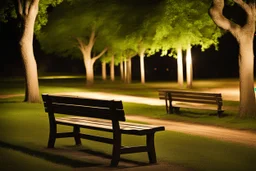 Night, square bench, dirt roads, trees, photography