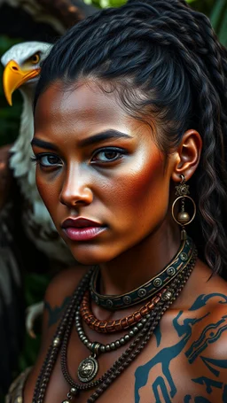 ultra HD shot of a strong young woman with a mask Mayan features, tribal tattoos, textured copper skin, tribal jewelry, large, Background of the figure in a jungle environment. Behind her an American eagle