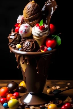 a huge icecream in funnel with chocolate cream and sweets on top and cherry and many other things