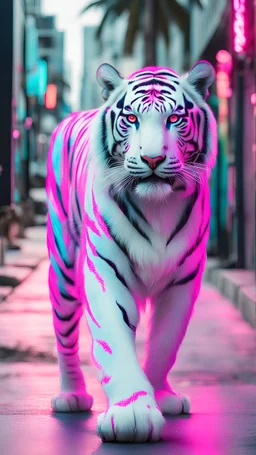 White tiger strolling Miami streets with neon pink and blue accents ultra realistic