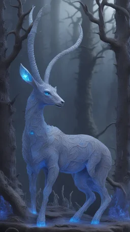 Dark forest, fantasy forest, gazelle with blue Crystal horns , intricate details, highly detailed in dreamshaper finetuned model with dynamic art style witg