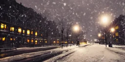 City at night with dark clouds and falling snow