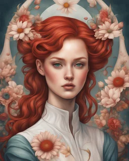 a beautiful woman with red hair has an abstract design, in the style of charming character illustrations, delicate flowers, dino valls, social media portraiture, sailor moon, fawncore, fresco --v 6.0 --style raw