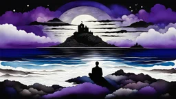 one alone human shiluette sitting on deep colors dark purple, gray, black, dark blue, white, brown. and metallic colors,, little island on big ocean, next the island close there is beautyful color landscape with cites and with many humans, deep dark colors . style of Chagall meets the dark visions of Minjae Lee and René Magritte, lonely. detailed artistic surreal drawing with painted and ink picture, random normal neurotipical lifes contrast the weird inner world with neurodivergens soul an
