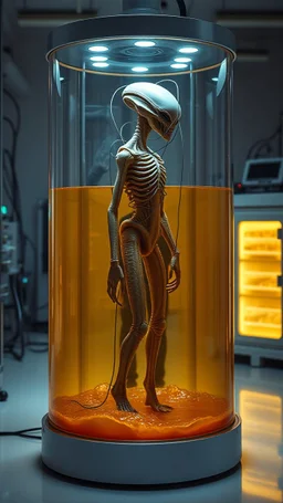 Sleeper in tube cabinet made of glass filled to the top with honey coloured liquid , in a laboratory inside it a alien creature body standing vertically , connected with wires and electrical wires , the human standing in side, a high tech equipment in the background ,4K, cinematic, high resolution