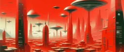 A light red futuristic city with UFOs painted by Lyonel Charles Feininger
