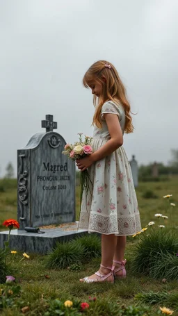 A beautiful girl with flowers standing by a grave , foggy cloudy clouds