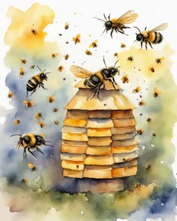 bees flutter over the hive watercolor drawing