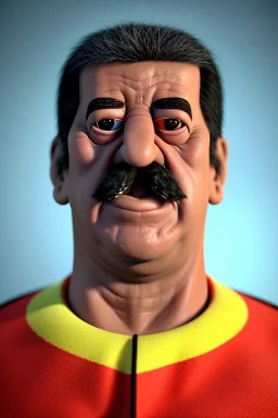 Waist up muppet Portrait, Nicolas maduro us muppet doll, Venezuelan president, tracksuit red blue and yellow, mustache, photo studio, red background, unreal engine 5, concept art, art station, ray tracing, lumen lighting, ultra detail, volumetric lighting, 3d.