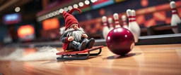 gnome on speeding on a sled in front of bowling ball heading for a strike