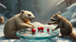ice bear squirrel gremlin raccoons playing land hockey on glass table on ceres