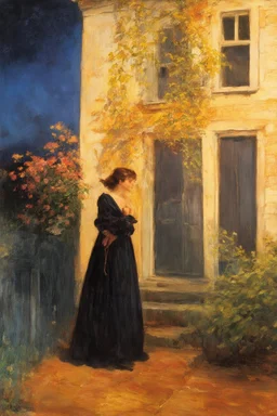 Night, one woman, house, flowers, vegetations, gothic horror films influence, creepy, depressive, gloomy, witch influence, arnold bocklin, and henry fuseli paintings