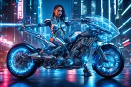 transparent glass blue shiny cyborg woman riding a transparent glass-metallic futuristic motorcycle, high cyber city background, high detailed, cyberpunk style, high contrast, dramatic low angle, full body visible, legs visible, the way with neon lights, sharp focus, perfect composition, measterpiece