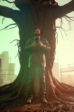 Cyberpunk theme, portrait of Oak tree roots holding man inside, misty sunny day, close-up portrait, symbios