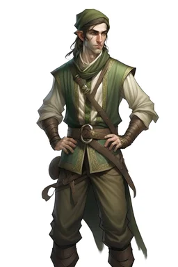 elf male on his thirties ranger wearing medieval clothes with hands behind his back