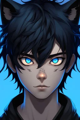 An anime man with messy black hair, black cat ears on his head, blue eyes. Realistic