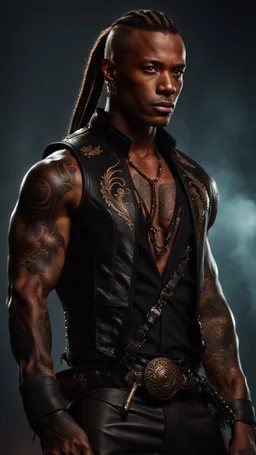 portrait of a 35 year old Handsome muscular male with dark bronze skin adorned with tattoos. His long light brown hair is tied back in a pony tail. He's wearing a leather vest and has a dagger which hangs from his belt. Dark fantasy. Hyperrealistic