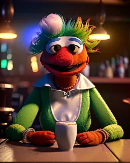 Pub scene, hybrid character, waitress woman with monster muppet mask that covers her entire head, retro style, Sesame Street style, smooth, unreal engine 5, god lights, ray tracing, RTX, lumen lighting, ultra detail, volumetric lighting, 3d.