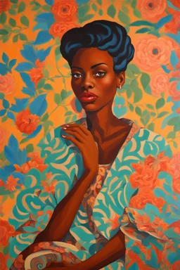 A portrait painting of a woman with vivid wallpaper by artist "Lois Mailou Jones"