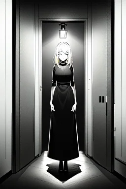 blonde girl walks down corridor in the dark with a flashlight, greyscale