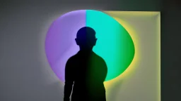 shadow made of different colors of a person looking for information on a large screen