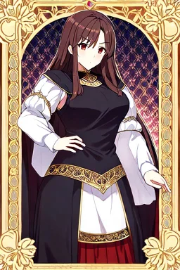 woman with long brown hair and red eyes, medieval concubine, anime style, highly detailed, intricate background, red and black clothes, confident, arrogant