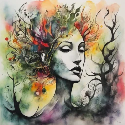 an abstract ink wash and watercolor lithographic print portrait illustration of her subconscious yearning to be as free as the unbridled wind whispering through an ancient forest , neo surrealism, biomorphism, abstract expressionism , striking, atmospheric, dreamlike, mystical, enigmatic, in the style of Joan Miro and Roberto Matta, in bold, vibrant plant based organic colors, boldly inked, hyper detailed , highly detailed feminine facial features, 4k