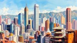 A realistic oil painting of the bustling city of Hong Kong, captured by Thomas Moran in his signature style, vibrant colors and intricate details bring the city to life on canvas. The painting showcases the contrast between modern skyscrapers and traditional architecture, with a clear blue sky in the background. This piece is a must-have for any art collector or lover of cityscapes.