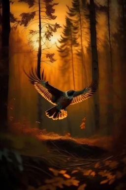 Mostrar pájaro marrón volando en bosque al atardecer como Vincent van gohn