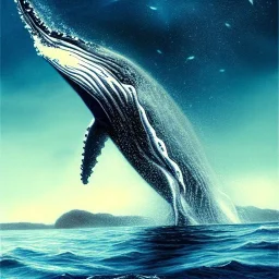 realistic, stunning, gorgeous humpback whale jumping out of turbulent ocean water, milkyway sky, reflective water, 8k resolution, high-quality, fine-detail, detailed matte, illustration, digital art, brian froud, howard lyon, anna dittman, greg rutowski, Life of Pi