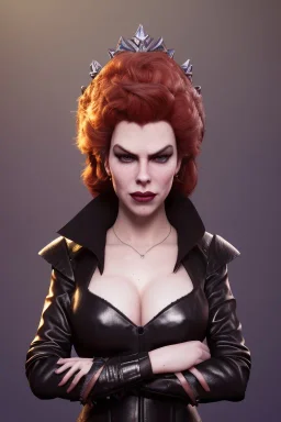 Hannah Waddingham as evil queen in black leather, busty, cleavage, voluptous, rebecca Welton, angry, stern look. character design by cory loftis, fenghua zhong, ryohei hase, ismail inceoglu and ruan jia. unreal engine 5, artistic lighting, highly detailed, photorealistic, fantasy