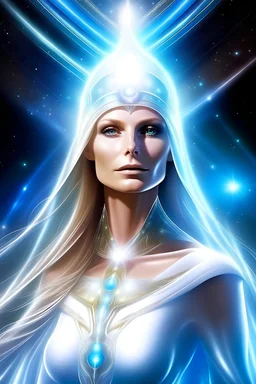 Très belle femme galactique dans faisceau de lumière, IO commandante en chef d'une flotte de vaisseaux blancs, lumière divine