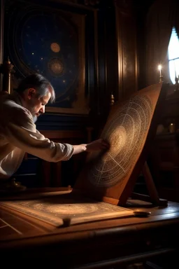 astrologer draws a star map, antique interior, baroque, night, moon is shining, planets