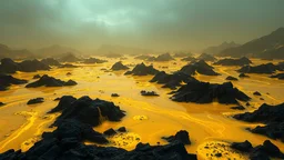 landscape covered in sulfur and sludge that looks futuristic with futuristic lighting, realistic rendering