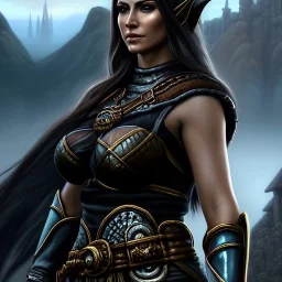 ultra detailed fullbody Portrait in oil on canvas of a beautiful busty woman with Skyrim Dragon priest mask and armor,extremely detailed digital painting, extremely detailed face,crystal clear Big eyes, mystical colors ,perfectly centered image, perfect composition,rim light, beautiful lighting, 8k, stunning scene,extremely sharp detail, finely tuned detail, ultra high definition raytracing, in the style of robert e howard and pablo oliveira and Ken Kelley and Ohrai Noriyoshi and Simon Bisley