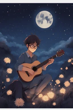 Under a starry night sky, the girl with glasses strums his guitar, his music echoing in the peaceful ambience of the Ghibli style anime night, intricately hand-drawn for a magical effect.