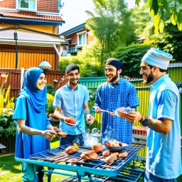 شباب مسلمين مبتهجون يقيمون حفل شواء في حديقة المنزل صورة واضحة ودقيقة