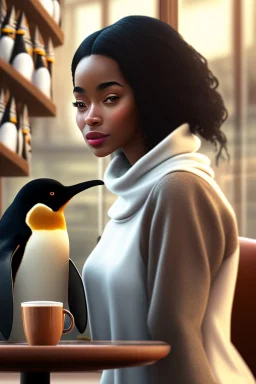 young black hair woman talk to a penguin in coffee-shop