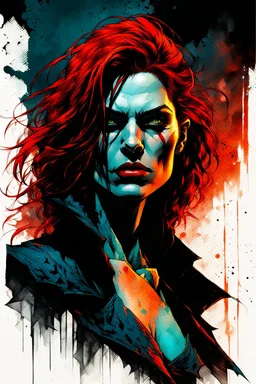 create a dangerously sinister full body portrait illustration of an auburn haired, ragged Brujah female vampire , with highly detailed and deeply cut facial features, in the comic art style of FRANK MILLER and BILL SIENKIEWICZ, searing lines and forceful strokes, precisely drawn, boldly inked, with gritty textures, vibrant colors, dramatic otherworldly lighting