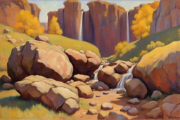 Sunny day, rocks, waterfalls, rocky land, mountains, friedrich eckenfelder and georges lemmen impressionism paintings