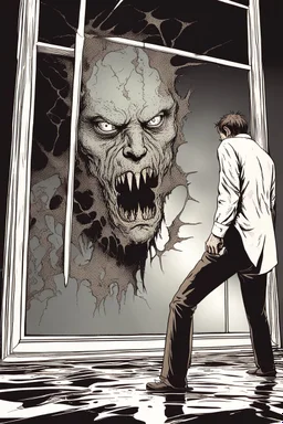 a man looking into a shattered mirror and seeing a horrifyingly smeared and deranged monster in his reflection