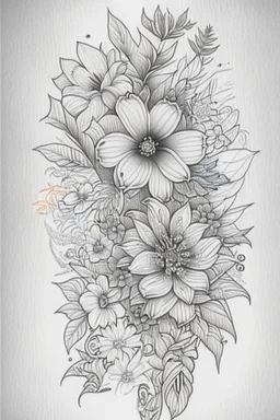 line tattoo design, neo traditional, flowers in a cirkel, detailed