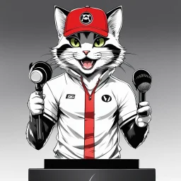 a drawing of a manga cat man with a sports cap and shirt, speaking at a (((lectern))) with a microphone, red, white and black colors, cat white and black colors, (((smiling cat)))