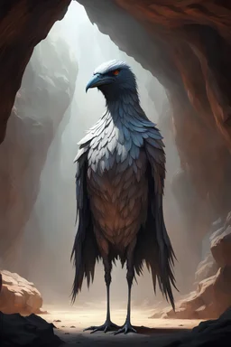 large humanoid bird with very large fetaher like a coverstanding on its two feet like a human in a cave like environment,hd,hypercritical