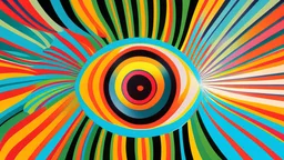 1970s abstract comic book style of a floating eye reflecting an array of colours and waveforms