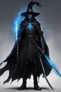 The commander wears a black cloak and a long coat with long combat boots and a long spear with a hat under his cloak with blue flame eyes, a sword like a spear