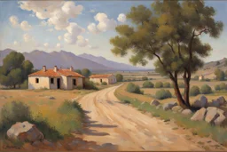 sunny day, clouds, rocks, trees, mountains, countryside, dirt road, adobe old house, gustave caillebotte and pieter franciscus dierckx impressionism paintings